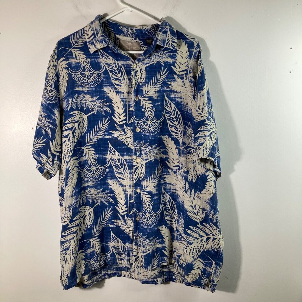 Mens Margaritaville Silk Linen Hawaiian Button Shirt Blue White 2XL Short Sleeve